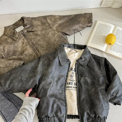 ショートコート・ジャケット・ジャンパー キッズアウター フェイクレザー襟付きジップアップブルゾンジャケット【mh0008193】