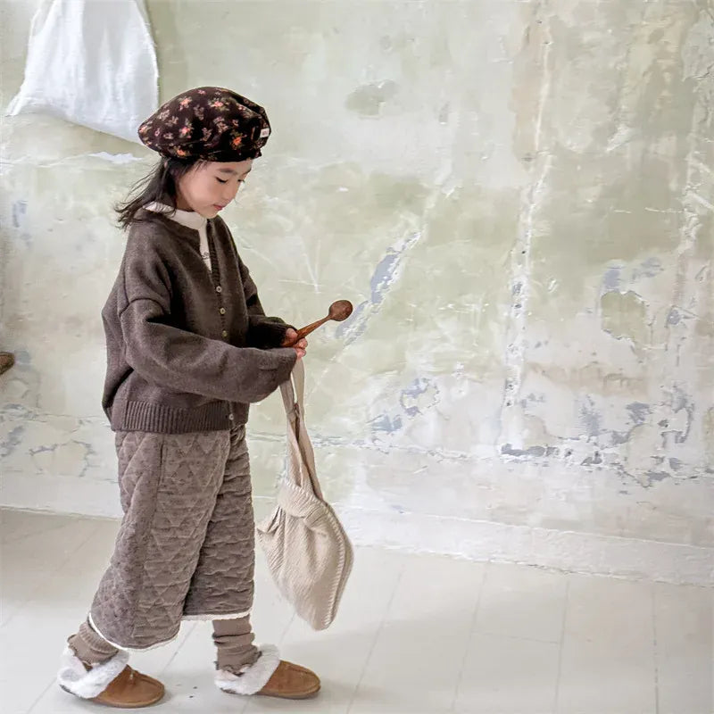 ロングパンツ・スウェットパンツ キッズパンツ フラワープリントコーデュロイパデッド防寒ロングパンツ【mh0008195】