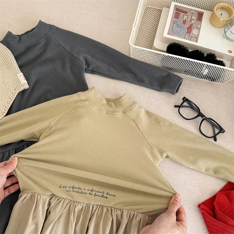 長袖ワンピース キッズワンピース ハイネックレターロゴプリントドッキング長袖ワンピース【mh0008281】