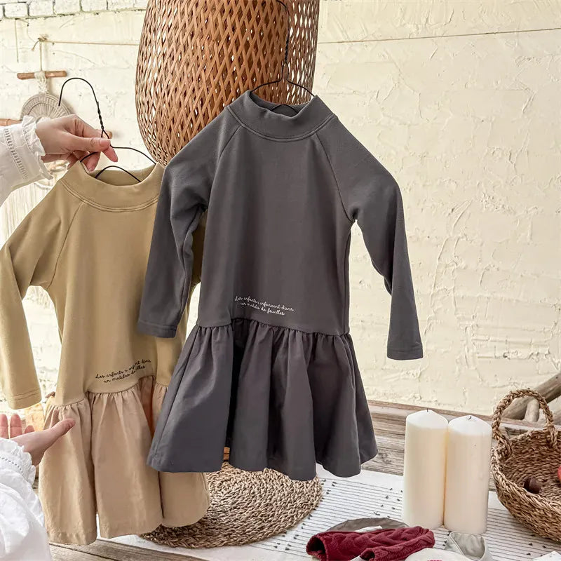 長袖ワンピース キッズワンピース ハイネックレターロゴプリントドッキング長袖ワンピース【mh0008281】