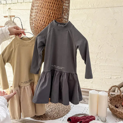 長袖ワンピース キッズワンピース ハイネックレターロゴプリントドッキング長袖ワンピース【mh0008281】