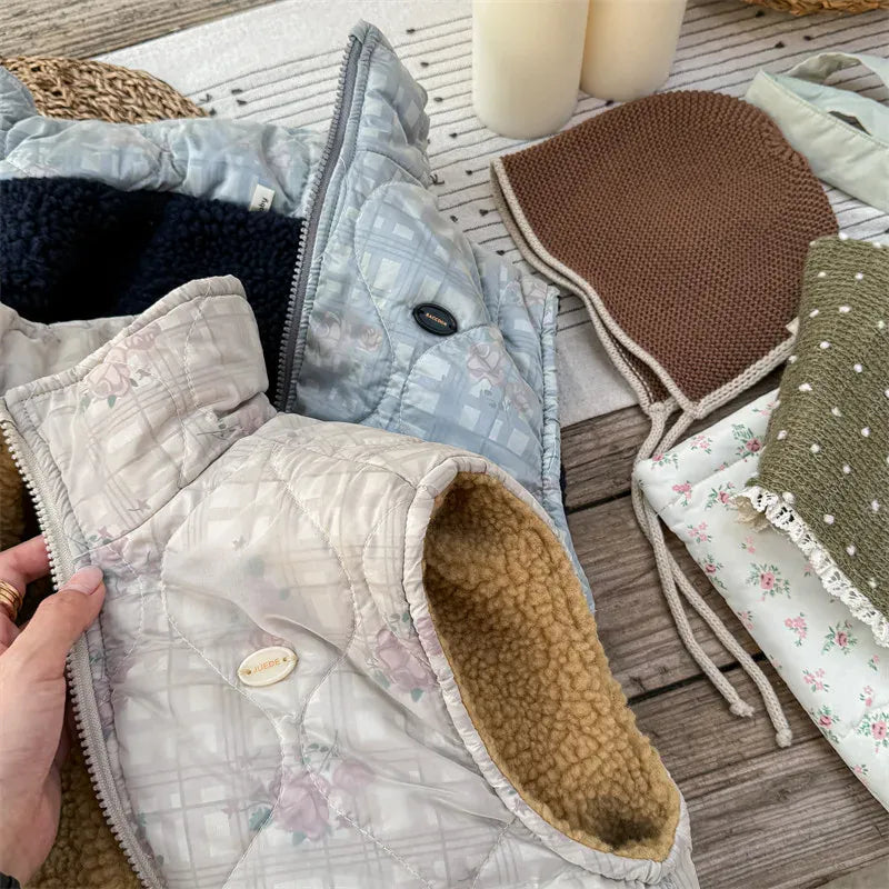 ベスト キッズベスト フラワーチェックプリントジップアップアウターベスト【mh0008285】