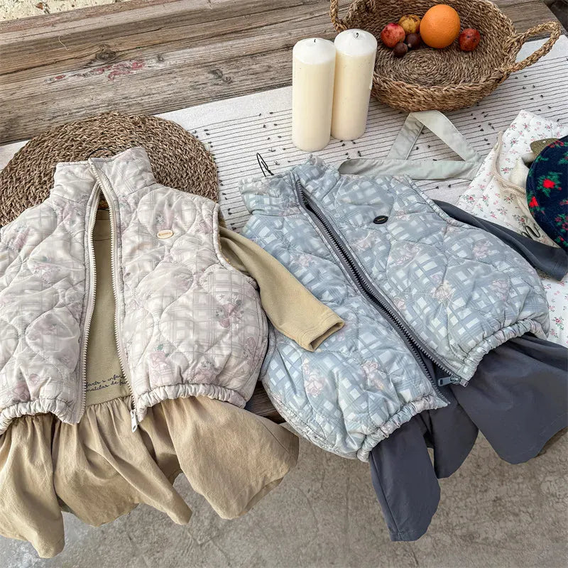 ベスト キッズベスト フラワーチェックプリントジップアップアウターベスト【mh0008285】