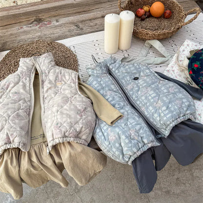 ベスト キッズベスト フラワーチェックプリントジップアップアウターベスト【mh0008285】