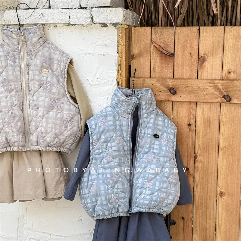 ベスト キッズベスト フラワーチェックプリントジップアップアウターベスト【mh0008285】