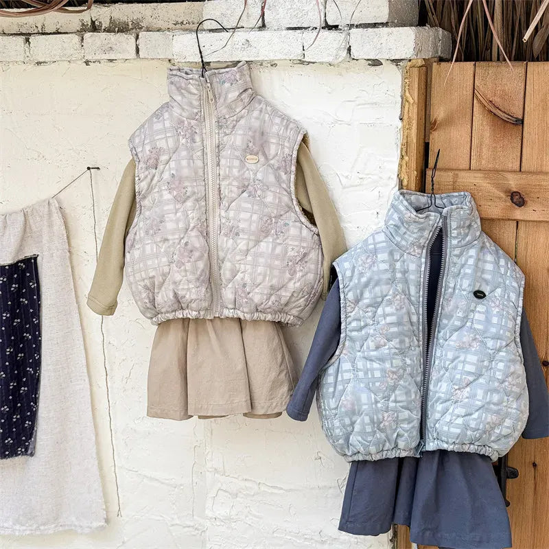 ベスト キッズベスト フラワーチェックプリントジップアップアウターベスト【mh0008285】