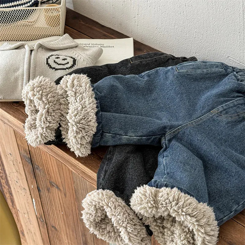 デニムパンツ キッズパンツ 裏ボアフリースルーズロングデニムパンツジーンズ【mh0008286】