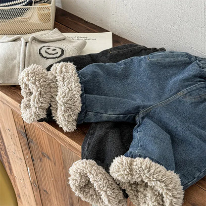 デニムパンツ キッズパンツ 裏ボアフリースルーズロングデニムパンツジーンズ【mh0008286】