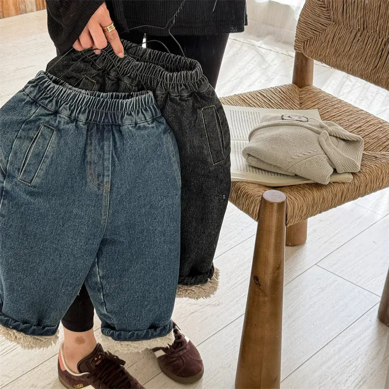 デニムパンツ キッズパンツ 裏ボアフリースルーズロングデニムパンツジーンズ【mh0008286】