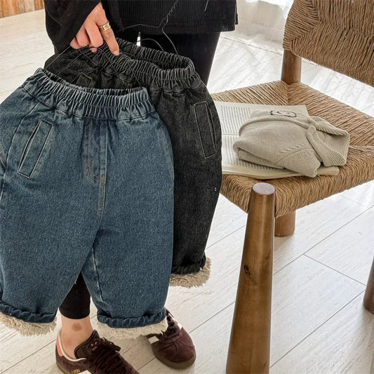 デニムパンツ キッズパンツ 裏ボアフリースルーズロングデニムパンツジーンズ【mh0008286】