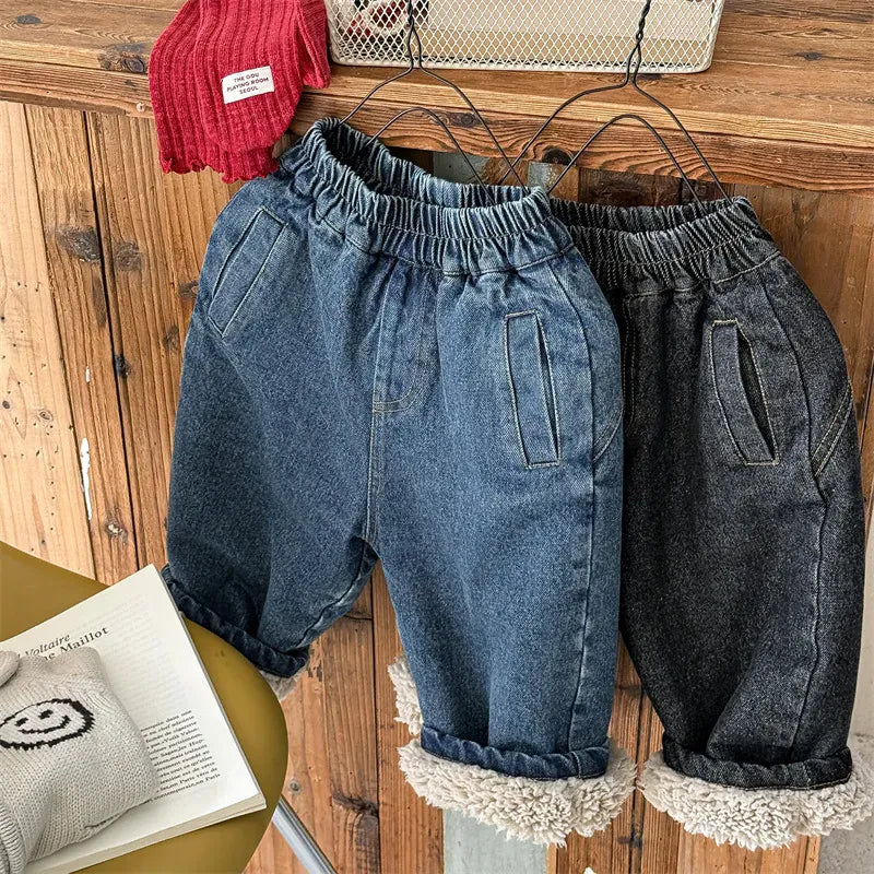 デニムパンツ キッズパンツ 裏ボアフリースルーズロングデニムパンツジーンズ【mh0008286】