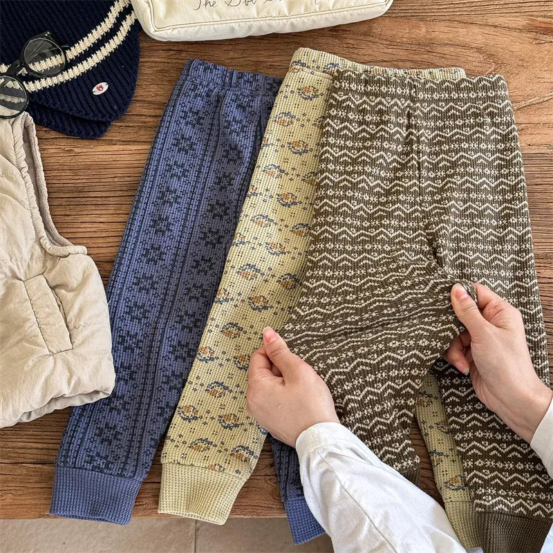 レギンスパンツ キッズパンツ 幾何学トライバルプリント裏フリースレギンスパンツ【mh0008289】