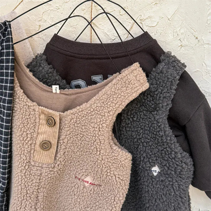 サロペットパンツ・サスペンダーパンツ キッズジャンプスーツ ボアフリースノースリーブサロペットパンツ【mh0008321】