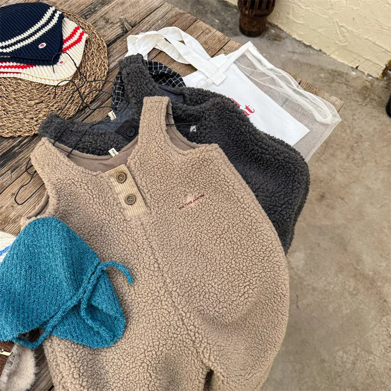 サロペットパンツ・サスペンダーパンツ キッズジャンプスーツ ボアフリースノースリーブサロペットパンツ【mh0008321】