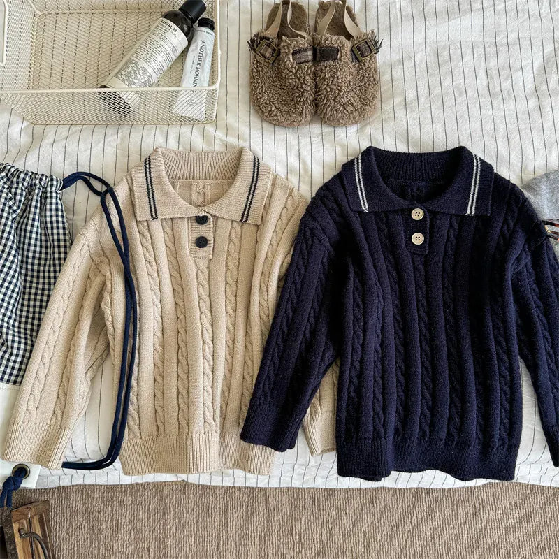 ニット・セーター キッズトップス アランニットケーブル編み長袖ポロセーター【mh0008437】