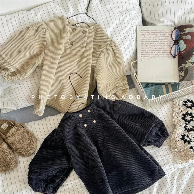 長袖シャツ・ブラウス キッズトップス コーデュロイ長袖パフスリーブチュニックブラウス【mh0008443】