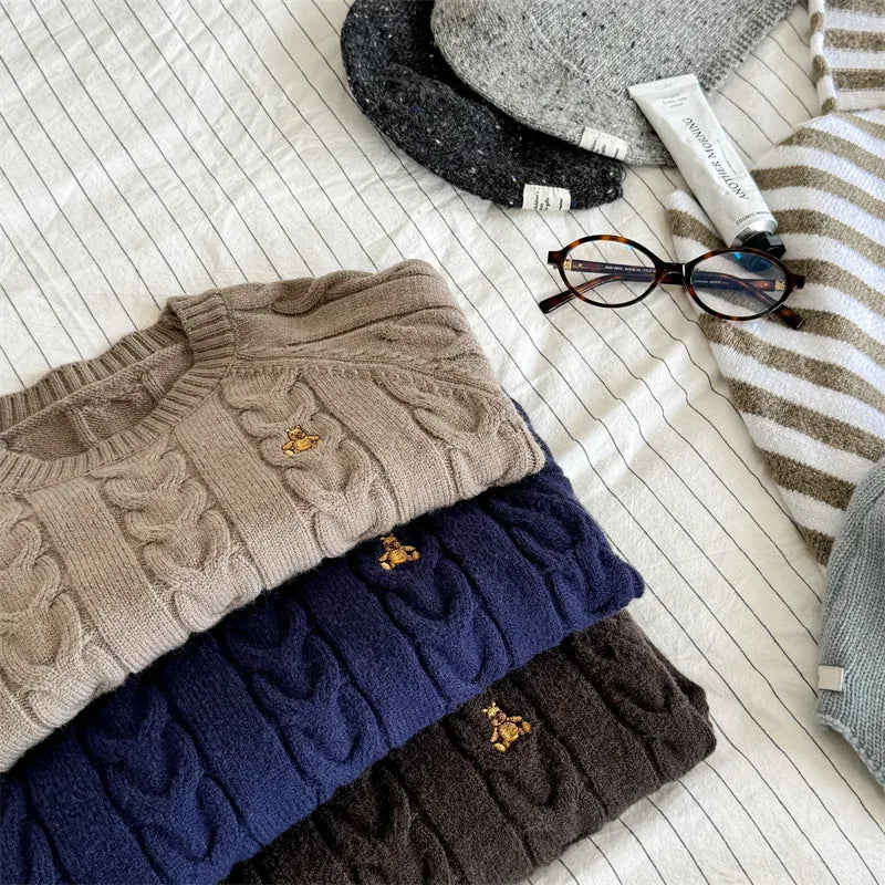 ニット・セーター キッズトップス アランニットケーブル編みベアくま刺繍長袖セーター【mh0008454】