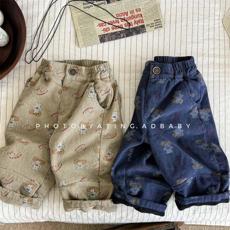 ロングパンツ・スウェットパンツ キッズパンツ 犬ドッグプリント裏フリースロングルーズパンツ【mh0008463】