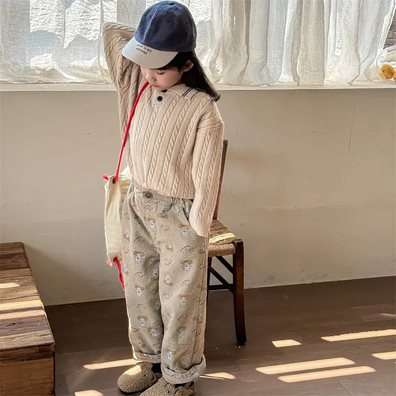 ロングパンツ・スウェットパンツ キッズパンツ 犬ドッグプリント裏フリースロングルーズパンツ【mh0008463】