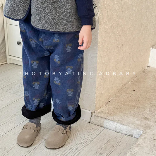 ロングパンツ・スウェットパンツ キッズパンツ 犬ドッグプリント裏フリースロングルーズパンツ【mh0008463】