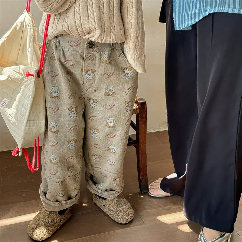 ロングパンツ・スウェットパンツ キッズパンツ 犬ドッグプリント裏フリースロングルーズパンツ【mh0008463】