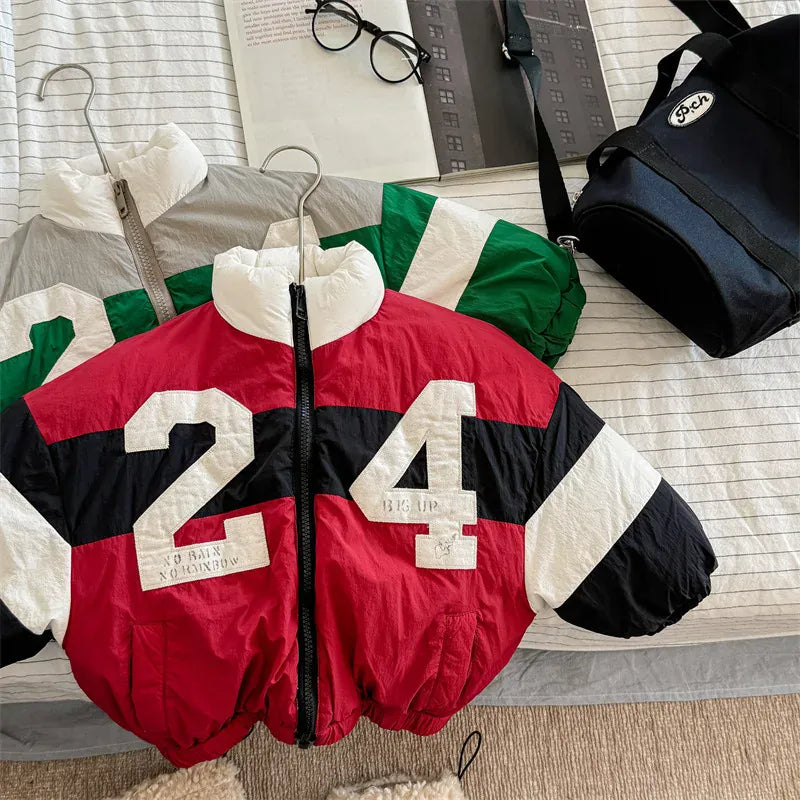 ショートコート・ジャケット・ジャンパー キッズアウター ナンバーロゴパッチワークパデッドブルゾンジャケット【mh0008470】