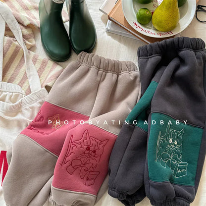 ロングパンツ・スウェットパンツ キッズパンツ ねこキャット刺繍パッチワークロングスウェットパンツ【mh0008473】