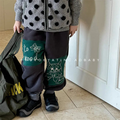 ロングパンツ・スウェットパンツ キッズパンツ ねこキャット刺繍パッチワークロングスウェットパンツ【mh0008473】