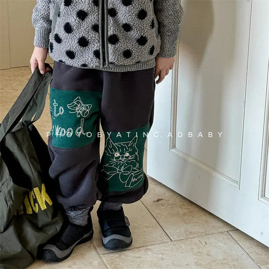 ロングパンツ・スウェットパンツ キッズパンツ ねこキャット刺繍パッチワークロングスウェットパンツ【mh0008473】