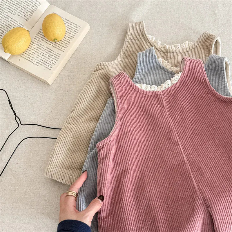 ノースリーブジャンプスーツ キッズジャンプスーツ レースフリルコーデュロイノースリーブワイドジャンプスーツ【mh0008629】