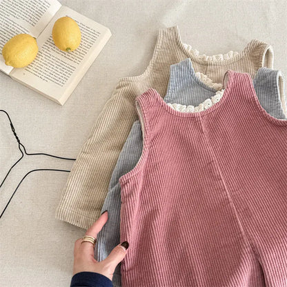 ノースリーブジャンプスーツ キッズジャンプスーツ レースフリルコーデュロイノースリーブワイドジャンプスーツ【mh0008629】