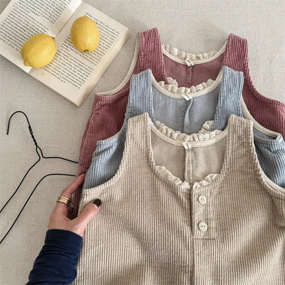 ノースリーブジャンプスーツ キッズジャンプスーツ レースフリルコーデュロイノースリーブワイドジャンプスーツ【mh0008629】