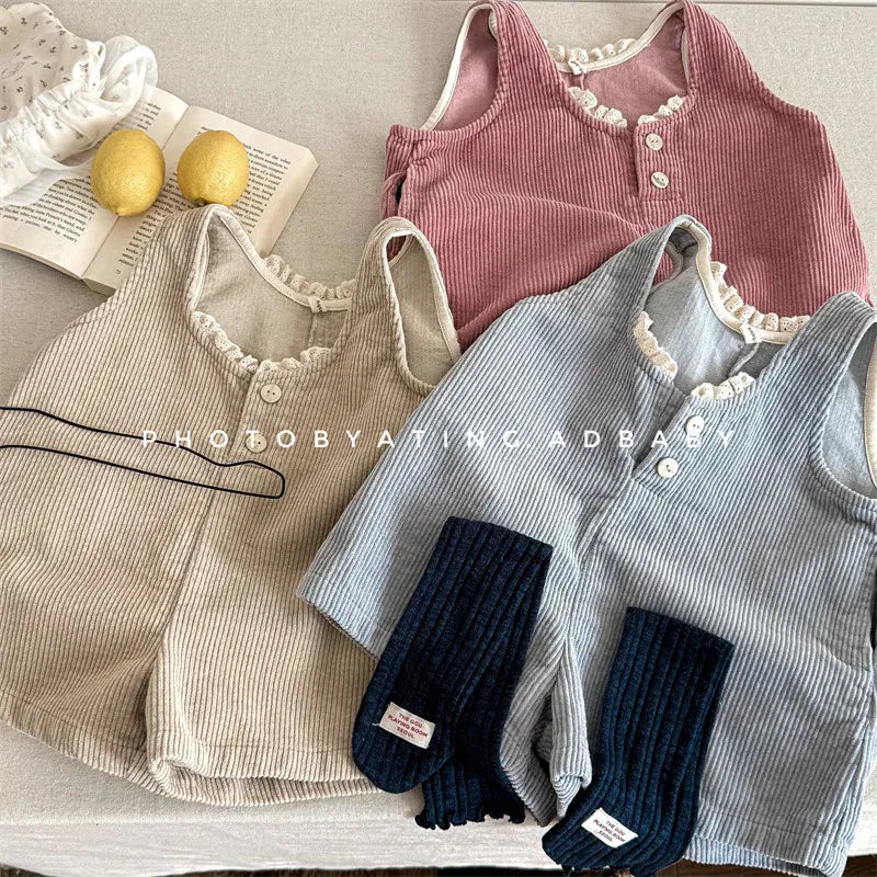 ノースリーブジャンプスーツ キッズジャンプスーツ レースフリルコーデュロイノースリーブワイドジャンプスーツ【mh0008629】