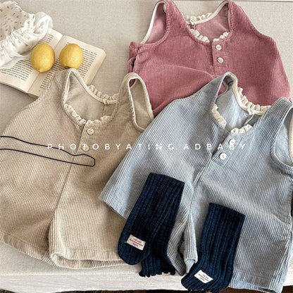 ノースリーブジャンプスーツ キッズジャンプスーツ レースフリルコーデュロイノースリーブワイドジャンプスーツ【mh0008629】