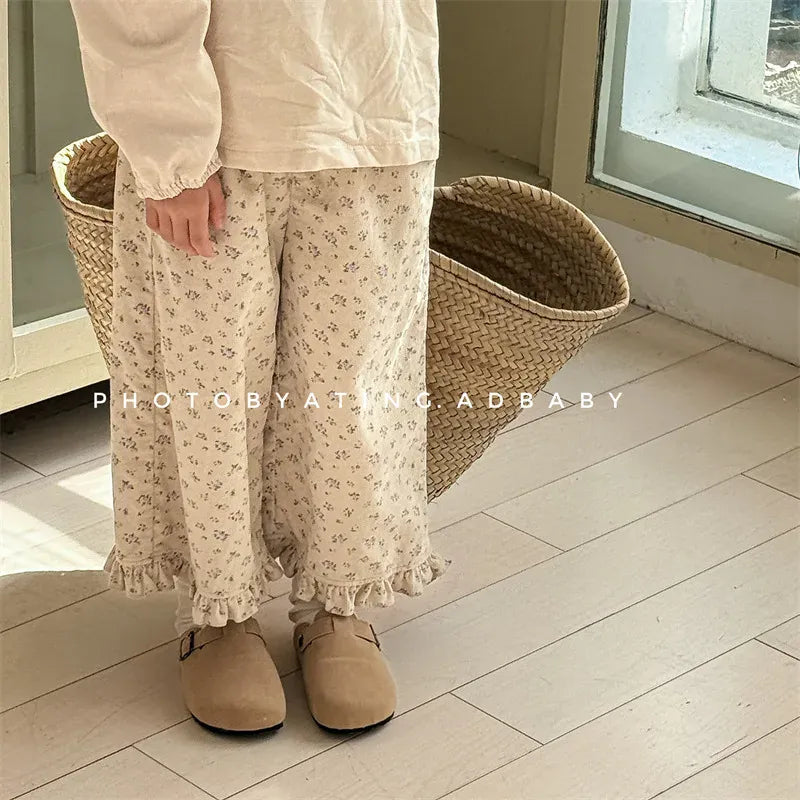 ロングパンツ・スウェットパンツ キッズパンツ フラワー小花柄プリント裾フリルワイドルーズロングパンツ【mh0008630】