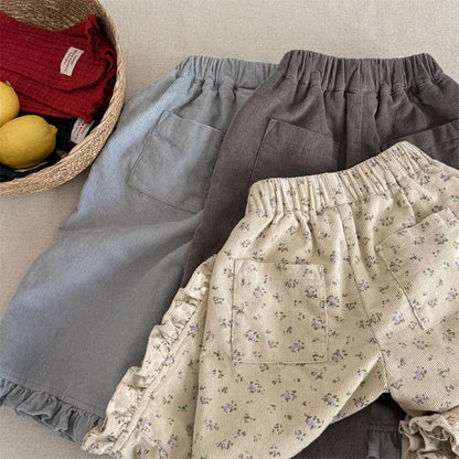 ロングパンツ・スウェットパンツ キッズパンツ フラワー小花柄プリント裾フリルワイドルーズロングパンツ【mh0008630】