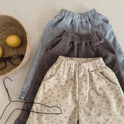 ロングパンツ・スウェットパンツ キッズパンツ フラワー小花柄プリント裾フリルワイドルーズロングパンツ【mh0008630】