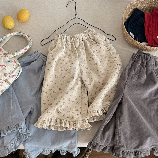 ロングパンツ・スウェットパンツ キッズパンツ フラワー小花柄プリント裾フリルワイドルーズロングパンツ【mh0008630】