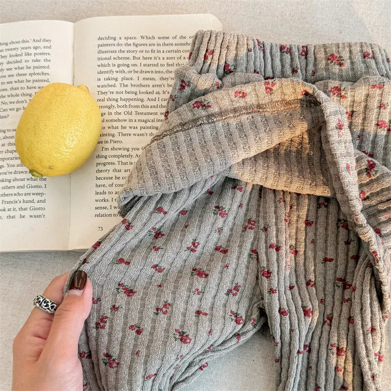 レギンスパンツ キッズパンツ フラワープリントスカートドッキングリブレギンスパンツスカッツ【mh0008631】