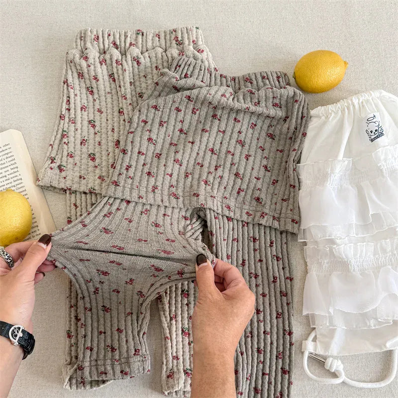 レギンスパンツ キッズパンツ フラワープリントスカートドッキングリブレギンスパンツスカッツ【mh0008631】