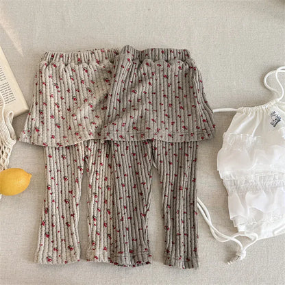 レギンスパンツ キッズパンツ フラワープリントスカートドッキングリブレギンスパンツスカッツ【mh0008631】