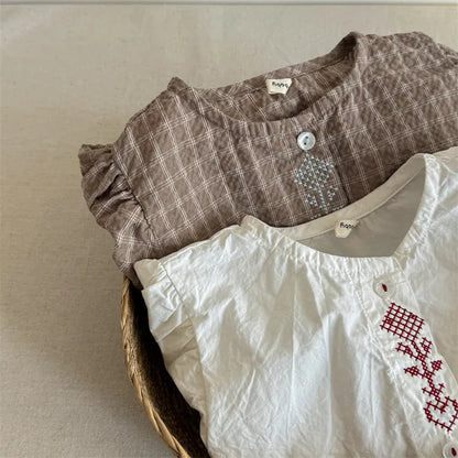 長袖シャツ・ブラウス キッズトップス 刺繍ステッチワンポイントチェック/無地長袖パフスリーブブラウス【mh0008648】