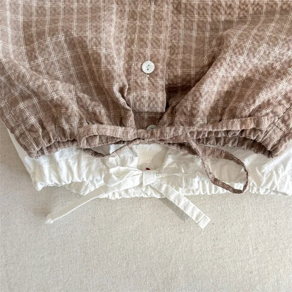 長袖シャツ・ブラウス キッズトップス 刺繍ステッチワンポイントチェック/無地長袖パフスリーブブラウス【mh0008648】