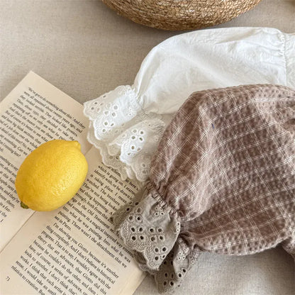 長袖シャツ・ブラウス キッズトップス 刺繍ステッチワンポイントチェック/無地長袖パフスリーブブラウス【mh0008648】