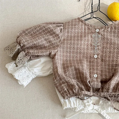 長袖シャツ・ブラウス キッズトップス 刺繍ステッチワンポイントチェック/無地長袖パフスリーブブラウス【mh0008648】