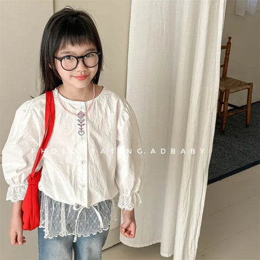 長袖シャツ・ブラウス キッズトップス 刺繍ステッチワンポイントチェック/無地長袖パフスリーブブラウス【mh0008648】