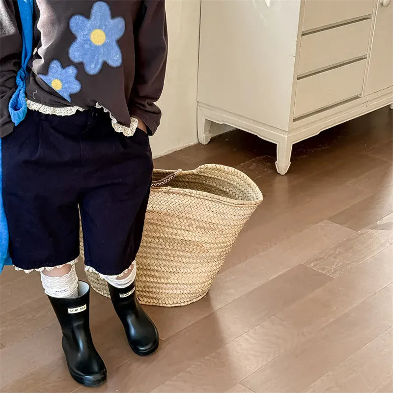 ハーフパンツ・ショートパンツ キッズパンツ フラワー/無地裾レースハーフパンツ【mh0008649】