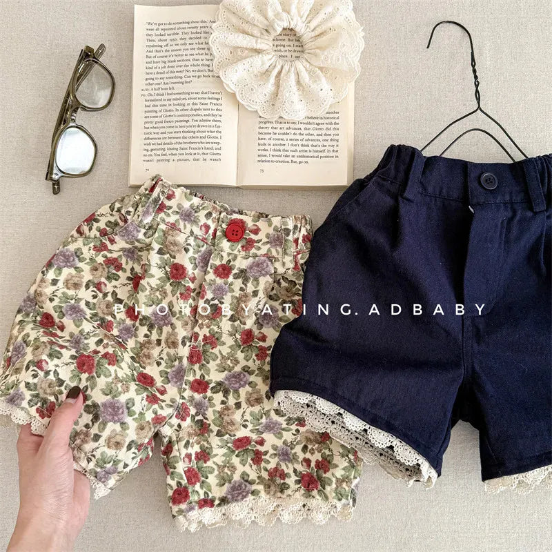 ハーフパンツ・ショートパンツ キッズパンツ フラワー/無地裾レースハーフパンツ【mh0008649】