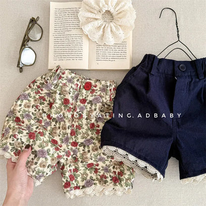 ハーフパンツ・ショートパンツ キッズパンツ フラワー/無地裾レースハーフパンツ【mh0008649】