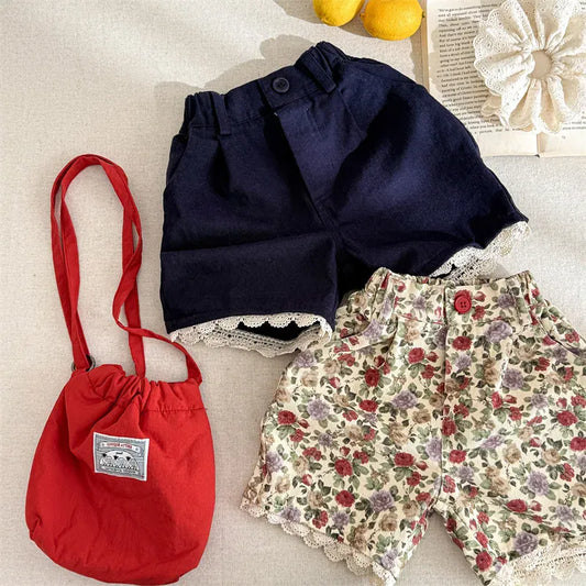 ハーフパンツ・ショートパンツ キッズパンツ フラワー/無地裾レースハーフパンツ【mh0008649】